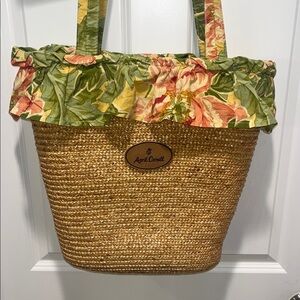 April Cornell Straw Tote Farmers Market grocery bag purse fully lined floral
